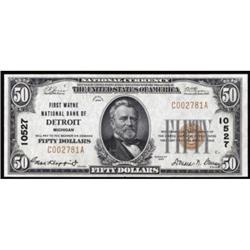 Detroit, MI. $50 1929 Ty. 1. First Wayne NB. Charter #10527. PMG Choice Uncirculated 63EPQ.