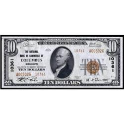Columbus, MS. $10 1929 Ty. 2. The NB of Commerce. Charter #10361. PMG Gem Uncirculated 66EPQ.