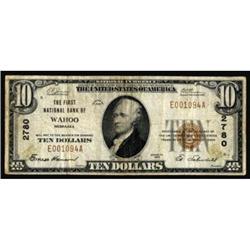 Wahoo, NE. $10 1929 Ty. 1. The FNB. Charter #2780. Fine.