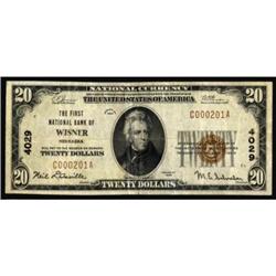 Wisner, NE. $20 1929 Ty. 1. The FNB. Charter #4029. Very Fine.
