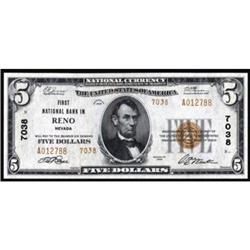 Reno, NV. $5 1929 Ty. 2. FNB. Charter #7038. PCGS Superb Gem New 67PPQ.