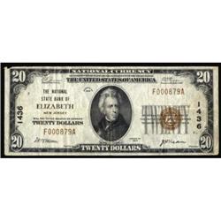 Elizabeth, NJ. $20 1929 Ty. 1. The National State Bank. Charter #1436. Fine.