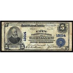 Hackensack, NJ. $5 1902 Plain Back. Fr. 608. The City NB. Charter #12014. Very Good.