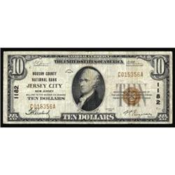 Jersey City, NJ. $10 1929 Ty. 1. Hudson County NB. Charter #1182. Fine.