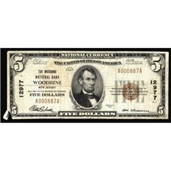 Woodbine, NJ. $5 1929 Ty. 1. The Woodbine NB. Charter #12977. Fine.