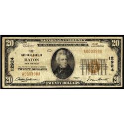Raton, NM. $20 1929 Ty. 1. FNB. Charter #12924. Very Good.