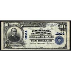 Pittsburgh, PA. $10 1902 Plain Back. Fr. 635. The Highland NB. Charter #12414. Very Fine.