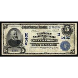 Brattleboro, VT. $5 1902 Date Back. The Vermont NB. Charter #(N)1430. Fine+.