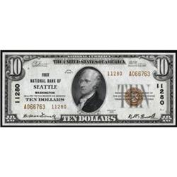 Seattle, WA. $10 1929 Ty. 2. FNB. Charter #11280. CGA Gem Uncirculated 65.