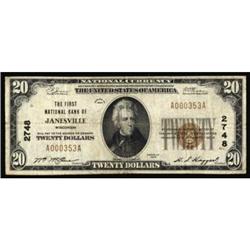 Janesville, WI. $20 1929 Ty. 1. The FNB. Charter #2748. Fine.