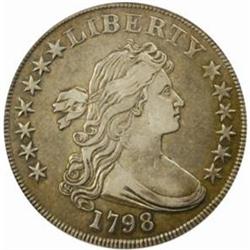 1798 Draped Bust $1. Large Eagle. B-4, BB-92. Rarity-3. Knob 9, 5 Vertical Lines. VF-35 (PCGS).