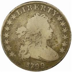 1799 Draped Bust Silver Dollar. B-9, BB-166. Rarity-2. VG-8 Damaged (Uncertified).