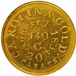 Undated Christopher Bechtler. $5 Gold K-17 Rarity-5 RUTHERFORD 140 G, 20 CARATS, Plain Edge AU55 NGC