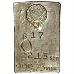 1956 San Francisco Mint Silver Ingot. 22.13 Ounces. 999.75 Fine. #817/249. Round Stamp.