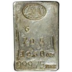 Undated San Francisco Mint Silver Ingot. 19.60 Ounces. 999.75 Fine. #6/705/2. Oval Stamp.