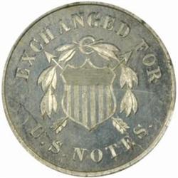 1863 Pattern Postage Currency Dime. Judd-327, Pollock-397. Rarity-6+. Proof-64 (PCGS).