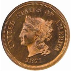 1871 Pattern Five-Cent Piece. Judd-1054, Pollock-1189. Rarity-6+. Proof-65 RB (NGC).