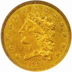 1836 Classic Quarter Eagle. Block 8. AU-58 (NGC).