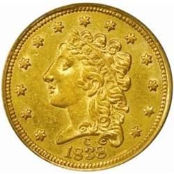 1838-C Classic Quarter Eagle. Winter 1-A, the only known dies. AU-58 (PCGS).