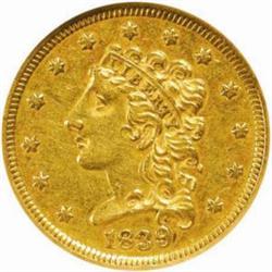 1839 Classic Quarter Eagle. AU-55 (NGC).