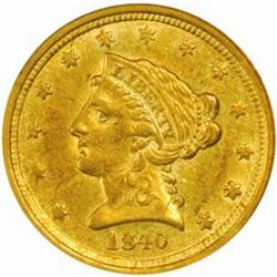 1840-C Liberty Quarter Eagle. Winter 1-A, the only known dies. AU-58 (PCGS).