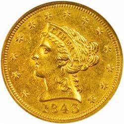 1843 Liberty Quarter Eagle. MS-61 (NGC).