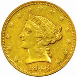 1846-C Liberty Quarter Eagle. Winter 7-F, the only known dies. AU-50 (PCGS).