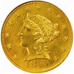 1847-C Liberty Quarter Eagle. Winter 8-F, the only known dies. MS-64 (NGC).