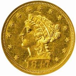 1847-C Liberty Quarter Eagle. Winter 8-F, the only known dies. MS-61 (NGC).