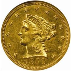 1854-C Liberty Quarter Eagle. Winter 15-J, the only known dies. MS-62 (NGC).