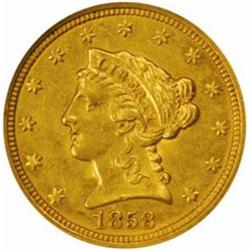 1858-C Liberty Quarter Eagle. Winter 18-J, the only known dies. AU-58 (NGC).