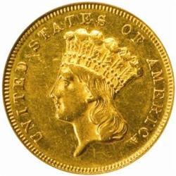 1870 Three-Dollar Gold Piece. AU-55 (NGC).