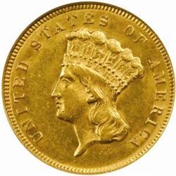 1874 Three-Dollar Gold Piece. AU-58 (ANACS).
