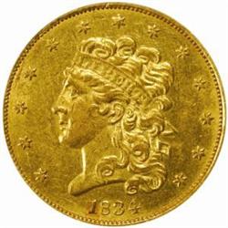 1834 Classic Half Eagle. Crosslet 4. AU-55 (ANACS).