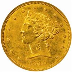 1840 Liberty Half Eagle. Narrow Mill. AU-58 (NGC).