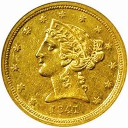 1841-C Liberty Half Eagle. Winter 3-C, the only known dies. AU-55 (NGC).