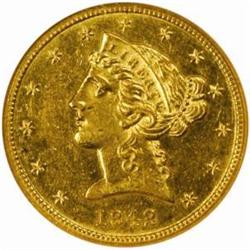 1842 Liberty Half Eagle. Large Letters. AU-58 (NGC).