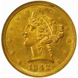 1842-C Liberty Half Eagle. Winter 5-C. Large Date. MS-60 (NGC).