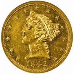 1842-C Liberty Half Eagle. Winter 5-C. Large Date. AU-58 (NGC).