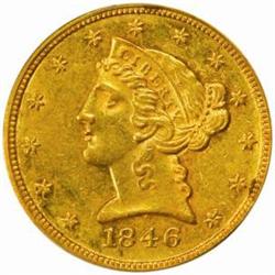 1846 Liberty Half Eagle. Small Date. AU-58 (PCGS).