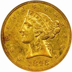 1846 Liberty Half Eagle. Large Date. AU-55 (NGC).