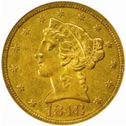 1848-C Liberty Half Eagle. Winter 11-E, the only known dies. AU-55 (NGC).