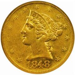 1848-D Liberty Half Eagle. Winter 18-M. Die State III. AU-55 (NGC).