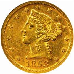 1853-D Liberty Half Eagle. Winter 29-T. Large D. AU-58 (NGC).