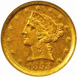 1853-D Liberty Half Eagle. Winter 29-V. Large D. AU-58 (NGC).