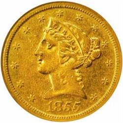 1855-D Liberty Half Eagle. Winter 32-AA. Large D. AU-55 (NGC).