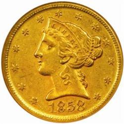1858-D Liberty Half Eagle. Winter 35-CC. Medium D. AU-58 (NGC).