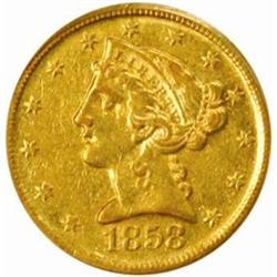 1858-D Liberty Half Eagle. Winter 35-CC. Medium D. AU-55 (PCGS).