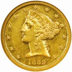 1859-D Liberty Half Eagle. Winter 36-CC. Medium D. AU-58 (NGC).