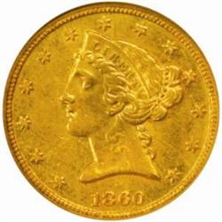 1860-C Liberty Half Eagle. Winter 28-M. AU-58 (NGC).